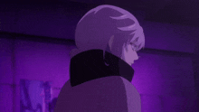 a girl with purple hair and a black scarf around her neck looks at the camera