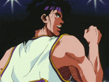 a man with a purple headband on his head is wearing a basketball uniform