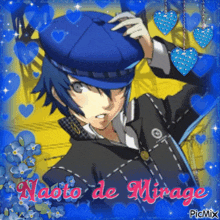 a picture of naoto de mirage is surrounded by blue hearts and flowers