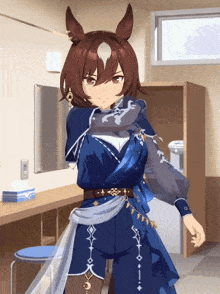 a cartoon character in a blue dress is standing in front of a mirror