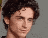 a close up of a young man with curly hair and green eyes .