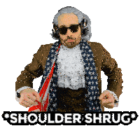 a man in a costume with a scarf around his neck and the words shoulder shrug above him