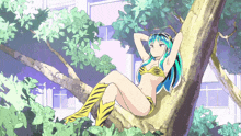 a cartoon of a girl in a tiger outfit sitting on a tree branch