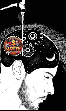 a black and white drawing of a man 's head with a slot machine in the background