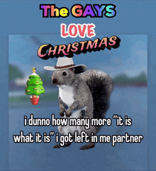 a squirrel wearing a cowboy hat is standing next to a christmas tree with the words " the gays love christmas "