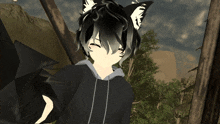 a boy with black hair and white ears is wearing a hoodie