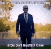 a man in a suit and tie is walking down a street with a caption that says doctors be like