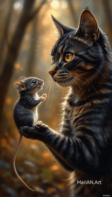 a painting of a cat holding a small mouse by marian art