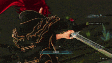 a video game screen shows a person holding a sword and says chain hit 6 on it