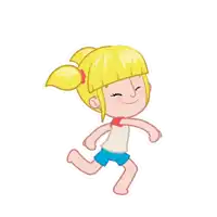 a cartoon girl with blonde hair and blue shorts