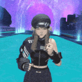 a woman in a video game is wearing a hat and gloves and standing in front of a fountain .
