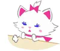 a drawing of a white cat with pink ears and a pink bow on its head