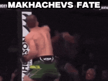 a man in a boxing ring with the words " makhachevs fate " written above him