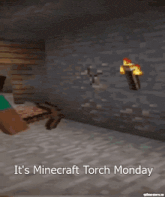 a screenshot of a video game that says ' it 's minecraft torch monday ' on it