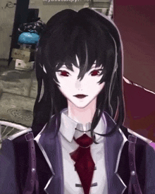 a girl with long black hair and red eyes is wearing a purple suit and tie