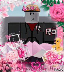 a picture of a roblox character surrounded by pink flowers and the words good morning your friend