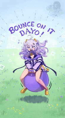 a drawing of a girl riding a purple ball with the words bounce on it dayo