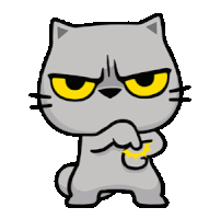 a cartoon cat with yellow eyes and arms crossed