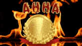 a gold coin with a laurel wreath surrounded by flames and the word anna written in red