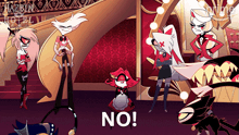 a group of cartoon characters are standing in a room with the word no on the bottom
