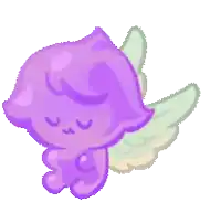a purple cat with wings is sleeping on a white surface .