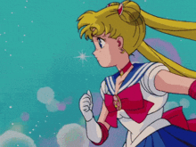 a girl in a sailor suit with a red bow is running