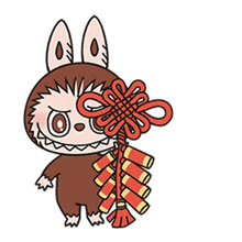 a cartoon of a monster in a bunny costume holding a chinese symbol and fireworks .