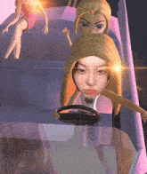 a cartoon girl is driving a car with another girl sitting on the back seat