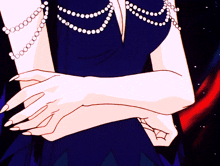 a woman in a blue dress with pearls on her neck and arms