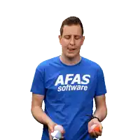 a man wearing a blue afas software t-shirt