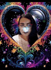 a girl with glasses is surrounded by a colorful heart