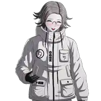 a drawing of a girl wearing a jacket that says hbdd on it