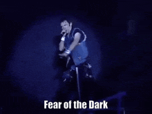 a man is singing into a microphone on a stage with the words `` fear of the dark '' .