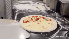 a pizza with tomatoes and cheese is being made in an animated image