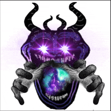 a drawing of a demon with horns holding a purple ball with a galaxy in the background