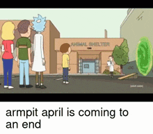 a cartoon of rick and morty standing in front of an animal shelter