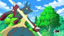 a cartoon of a pokemon holding a stick with the cn logo in the corner