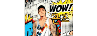 a man with a tattoo on his arm is standing in front of a wall with the word wow written on it