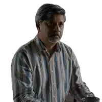 a man with a beard wearing a striped shirt looks serious