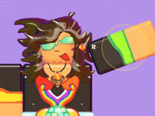 a cartoon drawing of a girl wearing sunglasses and a rainbow