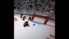 a hockey game is being played in front of a crowd of people