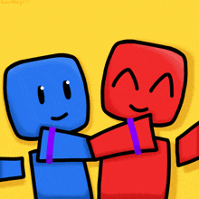 a blue and a red cartoon character are hugging each other on a yellow background