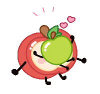 a cartoon drawing of an apple with arms and legs holding a green apple