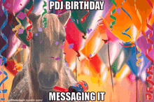 a horse is surrounded by balloons and confetti with a caption that says pdj birthday messaging it