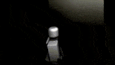 a black and white image of a roblox character standing in the street