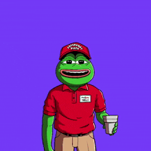a cartoon frog wearing a red shirt that says pepperoni pizza on it