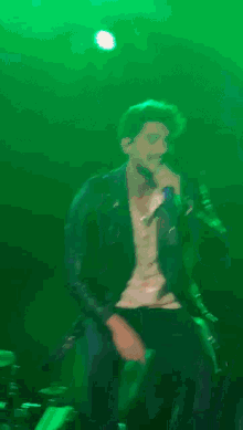 a man in a leather jacket is singing into a microphone on a stage