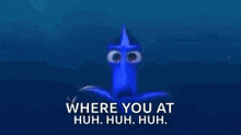 a close up of dory 's eyes with the words `` where you at huh huh huh . ''