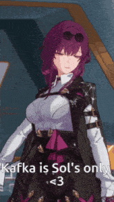 a purple haired anime girl with the words kafka is sol 's only < 3 on the bottom
