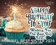 a birthday card for a sister with a cupcake and fireworks